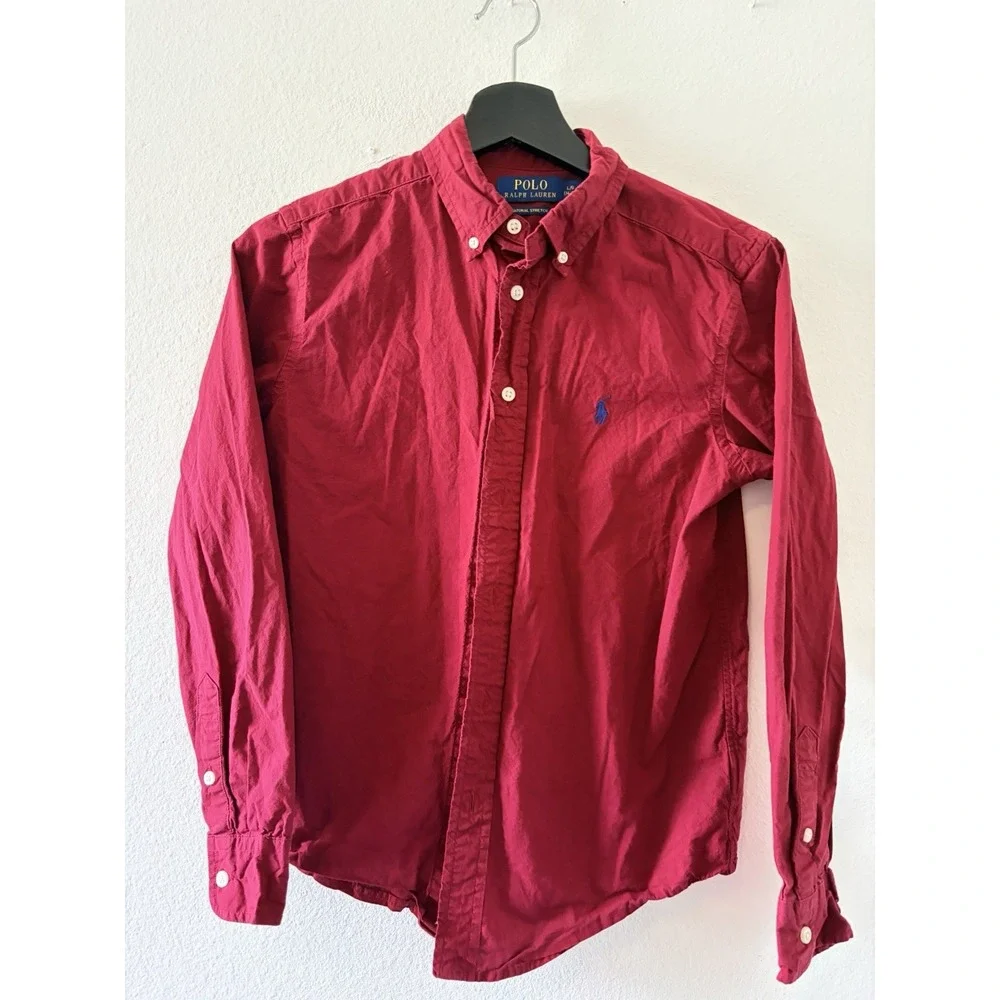 Boys Polo Ralph Lauren Red Natural Stretch Button Down Shirt Size L 14-16